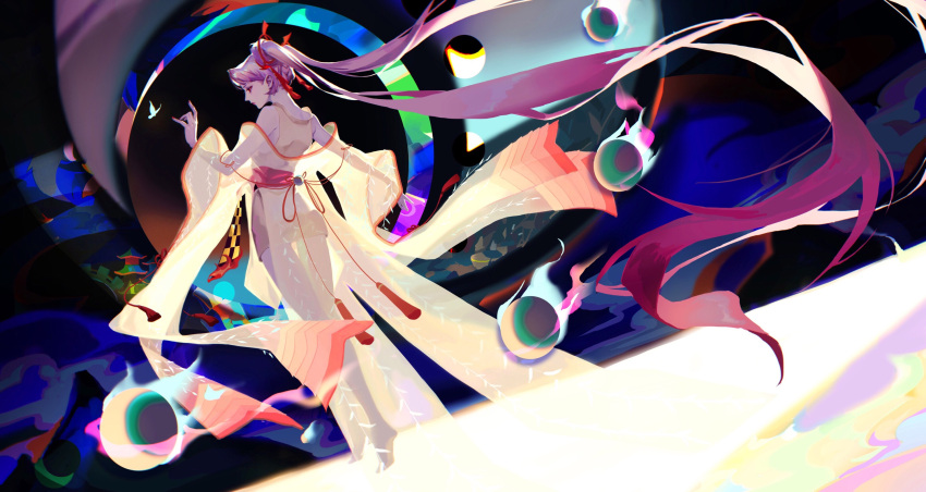 1girl absurdly_long_hair bare_legs bare_shoulders barefoot checkered_clothes facial_mark fire floating_clothes floating_hair from_behind hair_ornament hair_ribbon hand_up highres japanese_clothes kimono layered_clothes layered_kimono long_hair long_sleeves looking_away obi off_shoulder onmyoji orb outstretched_arm pagoda pink_hair profile red_eyes red_nails ribbon sash see-through shiranui_(onmyoji) short_kimono sleeveless sleeveless_kimono soles solo standing tassel thigh_gap twintails very_long_hair walking wide_shot wide_sleeves yisiwanxi