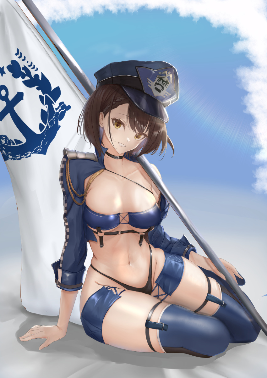 1girl absurdres arm_support azur_lane baltimore_(azur_lane) bandeau bangs bikini black_bikini black_choker blue_bandeau blue_footwear blue_headwear blue_jacket boots braid breasts bridal_garter brown_hair choker cleavage collarbone commentary_request cropped_jacket flag french_braid full_body grin groin hair_between_eyes hat highres jacket large_breasts looking_at_viewer mippei navel official_alternate_costume open_clothes open_jacket partial_commentary peaked_cap race_queen shadow short_hair sidelocks sitting skindentation smile solo stomach swimsuit teeth thigh_boots underbust yellow_eyes yokozuwari