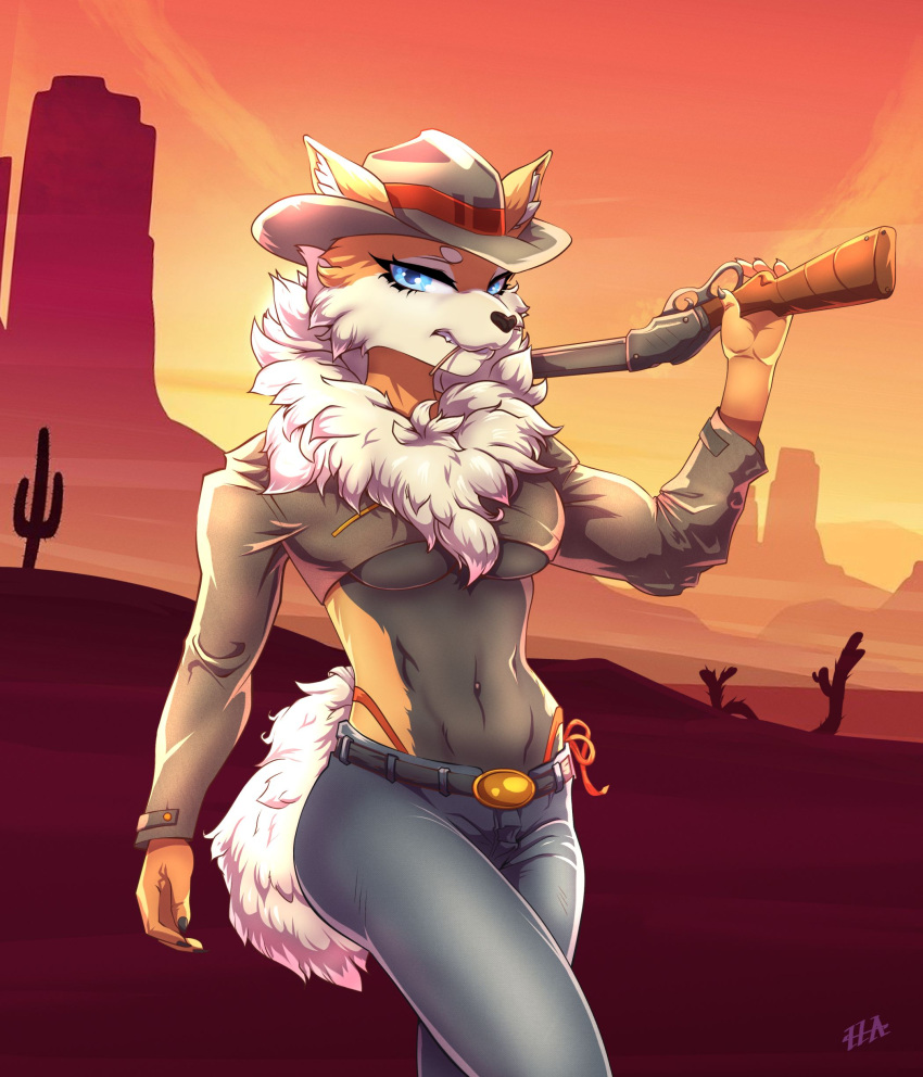 absurd_res anthro cowgirl_(disambiguation) denim female gun hi_res invalid_tag leather mazinga669 ranged_weapon shotgun solo weapon west