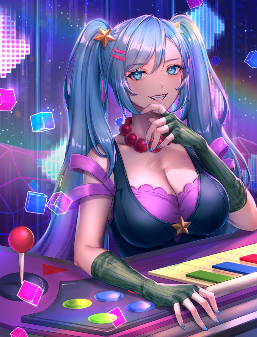 1girl arcade_sona bare_shoulders blue_eyes blue_hair blue_nails bra breasts cleavage clenched_teeth collarbone commentary_request controller cube fingerless_gloves forehead game_controller gloves green_gloves grid hair_between_eyes hair_ornament hairclip hand_up highres joystick large_breasts league_of_legends long_hair looking_at_viewer nail_polish nyaamen_fork off_shoulder official_alternate_costume open_mouth piano_keys purple_bra rainbow shadow sharp_teeth shiny shiny_hair solo sona_(league_of_legends) sparkle star_(symbol) teeth twintails underwear upper_body