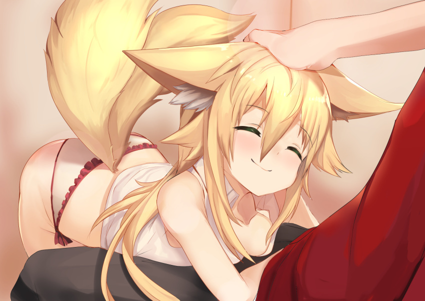 2016 alternate_version_at_source animal_humanoid bent_over blonde_hair breasts canid canid_humanoid canine canine_humanoid clothed clothing duo eyes_closed faceless_character faceless_male female female_focus fox_humanoid fur haik hair head_pat hi_res human humanoid inner_ear_fluff kokonoe_tsubaki male male/female mammal mammal_humanoid panties petting_head sitting smile solo_focus tuft underwear yellow_body yellow_fur