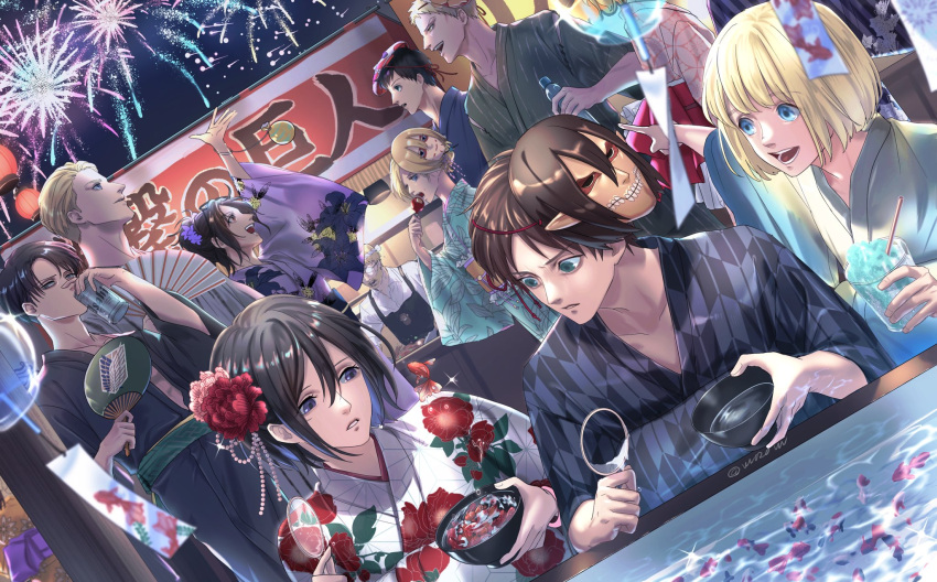 3girls 6+boys alcohol alternate_costume annie_leonhardt apron arm_up armin_arlert asahi_breweries beer beer_can bertolt_hoover black_hair black_kimono blonde_hair blue_eyes brown_hair can cup drinking eating eren_yeager erwin_smith festival fireworks fish floral_print flower food_stand glasses goldfish goldfish_scooping grey_eyes grisha_yeager hair_flower hair_ornament hand_fan highres holding holding_cup holding_fan japanese_clothes kimono levi_(shingeki_no_kyojin) looking_at_viewer mask mask_on_head mikasa_ackerman multiple_boys multiple_girls open_mouth parted_lips pointing ponytail purple_kimono reiner_braun sasha_braus shingeki_no_kyojin shirt short_hair smirk survey_corps_(emblem) upper_body vvv020vvv water_balloon white_shirt