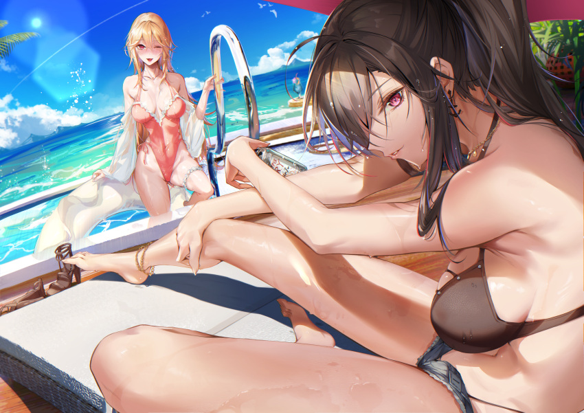 2girls absurdres azur_lane bangs bare_shoulders bikini black_bikini black_hair blonde_hair blush breasts cleavage eichi highres jean_bart_(azur_lane) jean_bart_(private_apres_midi)_(azur_lane) jewelry large_breasts long_hair long_sleeves looking_at_viewer multiple_girls necklace official_alternate_costume one-piece_swimsuit one_eye_closed outdoors parted_lips ponytail purple_eyes richelieu_(azur_lane) richelieu_(fleuron_of_the_waves)_(azur_lane) sitting smile swimsuit water wet wet_clothes