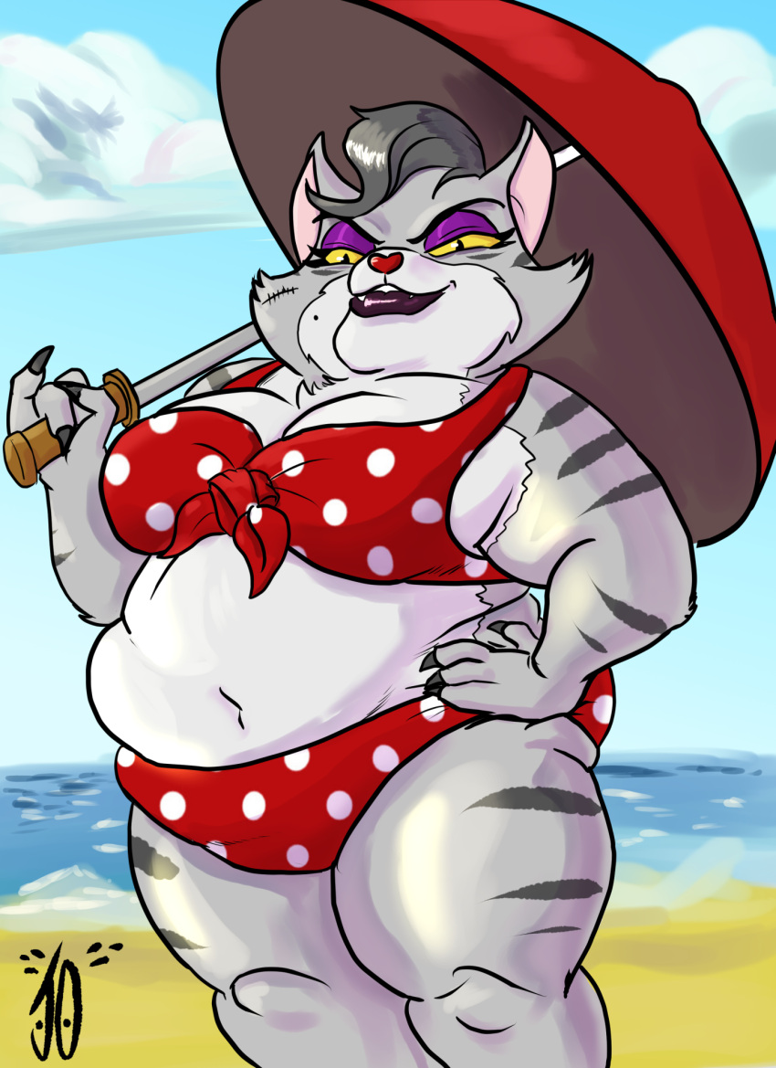 adult_swim anthro beach big_breasts bikini breasts cartoon_network clothing come_and_learn_with_pibby domestic_cat eyelashes felid feline felis female fur hi_res humanoid infinitesimalj0 looking_at_viewer makeup mammal melira_(pibby) overweight seaside simple_background slightly_chubby solo swimwear thick_thighs