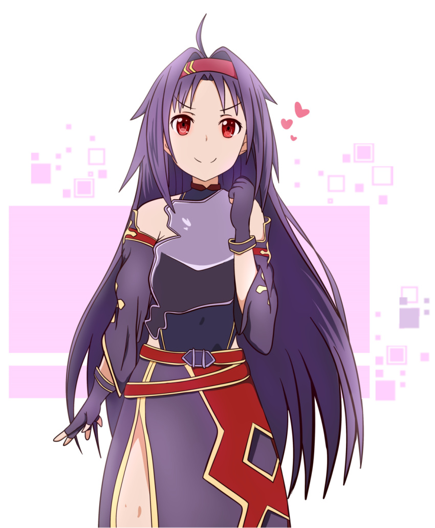 1girl ahoge armor bangs bare_shoulders breastplate detached_sleeves fingerless_gloves gloves hairband heart highres kiko_(pixiv43464993) leotard long_hair looking_at_viewer parted_bangs purple_gloves purple_hair red_eyes red_hairband smile solo sword_art_online very_long_hair yuuki_(sao)