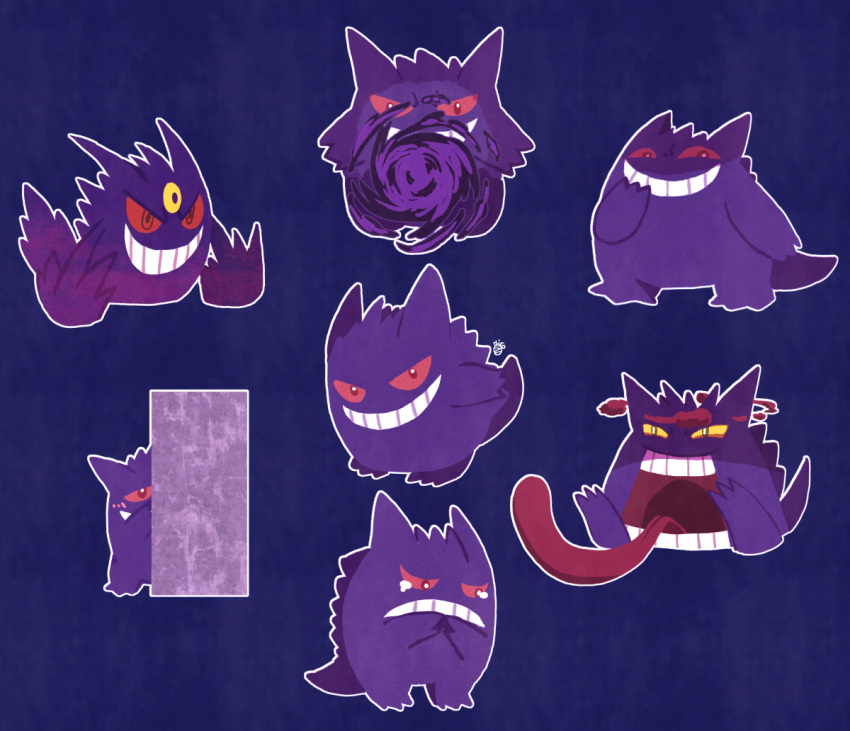 blush commentary energy_ball gengar gigantamax gigantamax_gengar grin hiro_(hirtokageka) looking_at_viewer mega_gengar mega_pokemon multiple_views no_humans open_mouth peeking_out pokemon pokemon_(creature) smile teeth tongue tongue_out