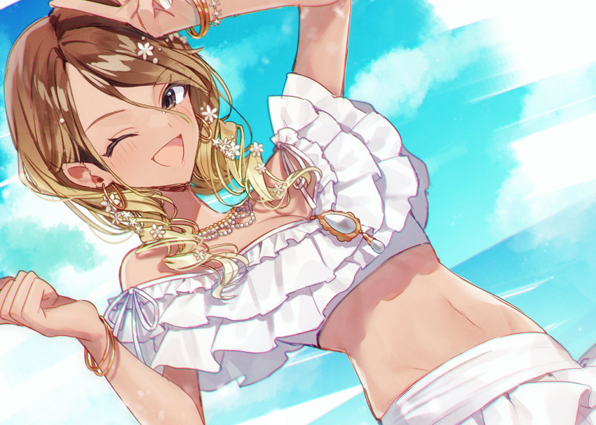 1girl ;d bikini blonde_hair blush bracelet breasts brown_hair chobo_ume cleavage drill_hair dutch_angle flower frilled_bikini frills gem gradient_hair groin hair_between_eyes hair_flower hair_ornament highres idolmaster idolmaster_shiny_colors izumi_mei jewelry looking_at_viewer medium_breasts multicolored_hair navel necklace one_eye_closed outdoors pearl_necklace smile solo swimsuit twintails v white_bikini