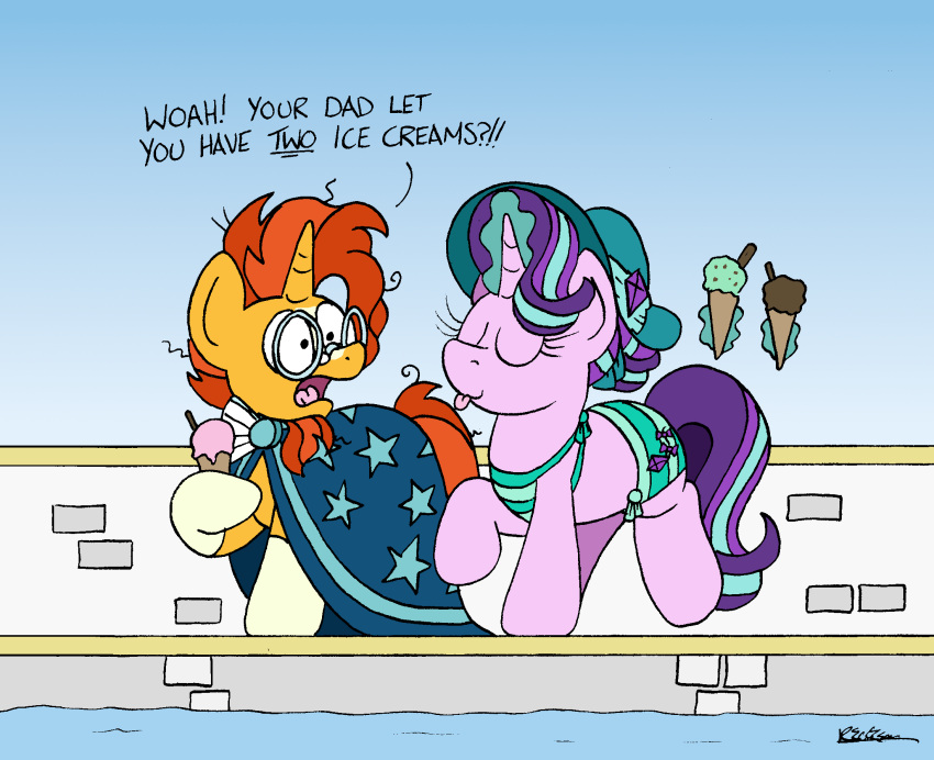 bobthedalek cape clothing dessert equid equine eyes_closed eyewear female food friendship_is_magic glasses hair hasbro hat headgear headwear hi_res horn ice_cream male mammal meme my_little_pony orange_hair purple_hair starlight_glimmer_(mlp) sunburst_(mlp) swimwear tongue tongue_out unicorn