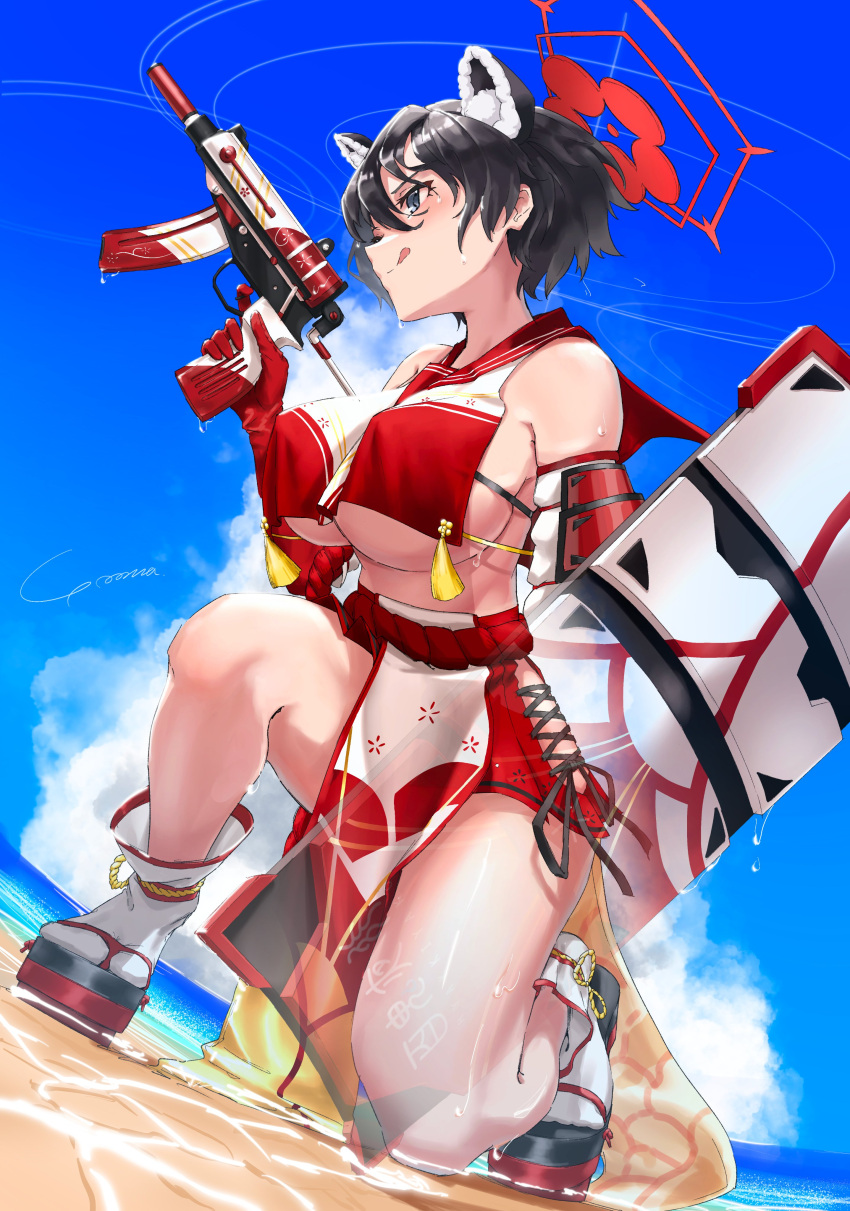 1girl absurdres animal_ears bangs black_eyes black_hair blue_archive blush breasts crop_top crop_top_overhang elbow_gloves gloves gun hair_between_eyes halo highres large_breasts open_mouth red_gloves red_sailor_collar red_skirt riot_shield sailor_collar shield short_hair sideboob skirt skorpion_vz._61 solo submachine_gun tassel thighs tsubaki_(blue_archive) underboob weapon yo_na