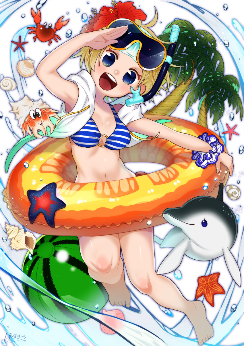 1girl :d absurdres ahoge ball beachball bikini blonde_hair blush crab dolphin flower foreshortening goggles goggles_on_head hair_flower hair_ornament hand_up hermit_crab hibiscus highres holding holding_innertube hood hoodie innertube marine_day navel o-ring o-ring_bikini ocean open_mouth original palm_tree print_innertube salute scrunchie scuba_gear seashell shell short_hair smile snorkel solo standing standing_on_one_leg starfish striped striped_bikini summer swimsuit tree water water_drop watermelon_beachball wrist_scrunchie yuloose_10