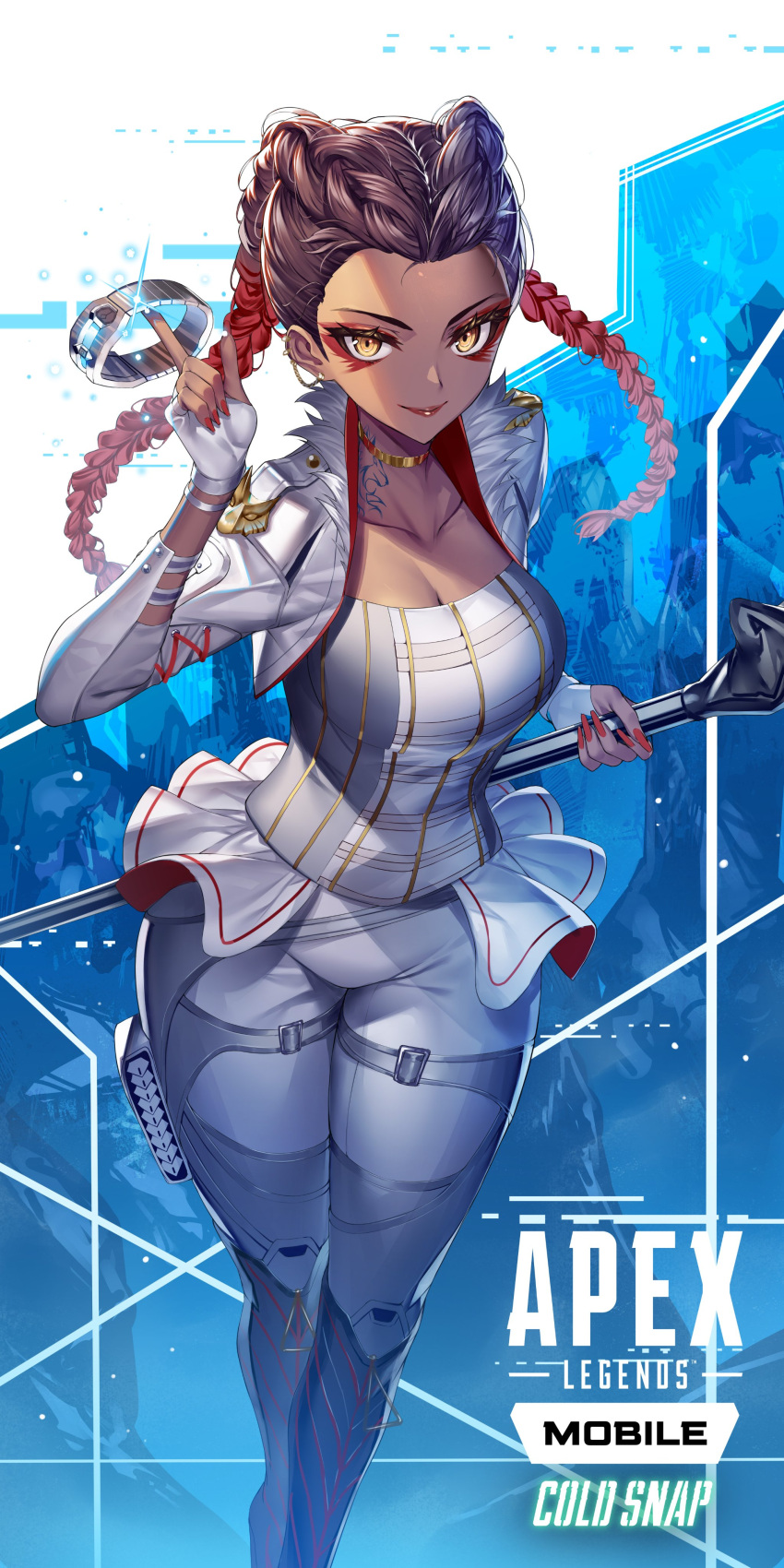1girl absurdres apex_legends boots braid brown_hair copyright_name corset cosplay cropped_jacket dark-skinned_female dark_skin eyeshadow fur-trimmed_jacket fur_trim gold_choker gradient_hair heirou highres jacket jewelry knee_boots loba_(apex_legends) loba_(apex_legends)_(cosplay) looking_at_viewer makeup multicolored_hair neck_ring official_art pants promotional_art red_eyeshadow red_hair skin_tight solo staff twin_braids white_jacket white_pants yellow_eyes