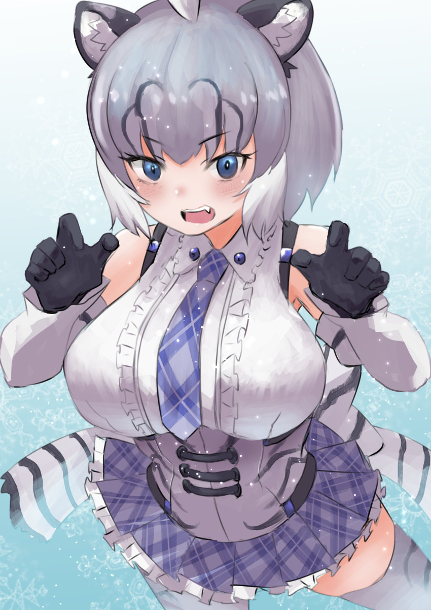 1girl animal_costume animal_ear_fluff animal_ears blue_eyes breasts cave_lion_(kemono_friends) elbow_gloves gaga_(gamerakero) gloves grey_hair highres kemono_friends kemono_friends_3 kneehighs large_breasts lion_costume lion_ears lion_girl lion_tail looking_at_viewer necktie open_mouth shirt short_hair simple_background skirt sleeveless sleeveless_shirt socks solo tail