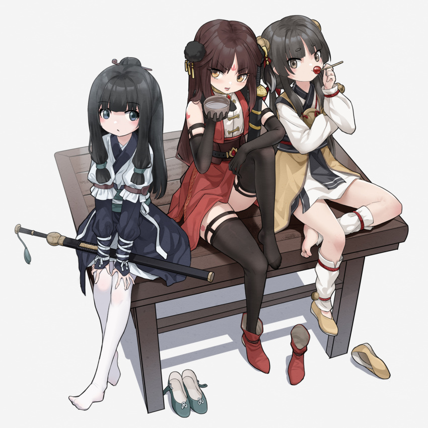 3girls bangs barefoot bell black_gloves black_hair black_skirt blush boot_removed boots brown_eyes brown_footwear brown_hair candy closed_mouth elbow_gloves facial_mark feet food forehead_mark gloves grey_background grey_eyes grey_footwear hair_bell hair_bun hair_ornament hair_ribbon hand_up highres holding holding_candy holding_food holding_lollipop japanese_clothes jingle_bell kimono knee_up layered_sleeves lollipop long_hair long_sleeves looking_at_viewer low_twintails multiple_girls no_shoes original pantyhose parted_bangs puffy_long_sleeves puffy_sleeves red_footwear red_ribbon red_skirt red_vest ribbon sheath sheathed shirt shoe_removed shoes shoes_removed short_eyebrows short_over_long_sleeves short_sleeves sidelocks simple_background single_boot single_shoe sitting skirt sleeveless sleeveless_shirt sleeves_past_wrists thick_eyebrows thighhighs toes too-ye twintails v-shaped_eyebrows very_long_hair vest white_kimono white_shirt