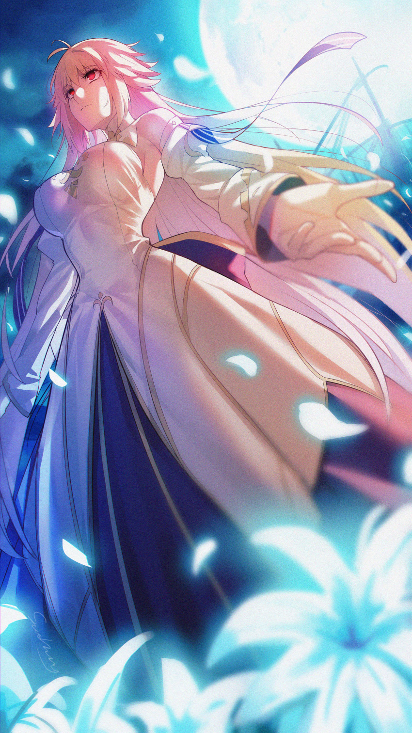 1girl absurdres archetype_earth arcueid_brunestud bangs bare_shoulders blonde_hair blue_skirt breasts cleavage collarbone detached_sleeves dress field flower flower_field full_moon highres kaer_sasi_dianxia large_breasts layered_skirt long_hair long_skirt looking_up moon night night_sky red_eyes skirt sky solo tsukihime very_long_hair white_dress