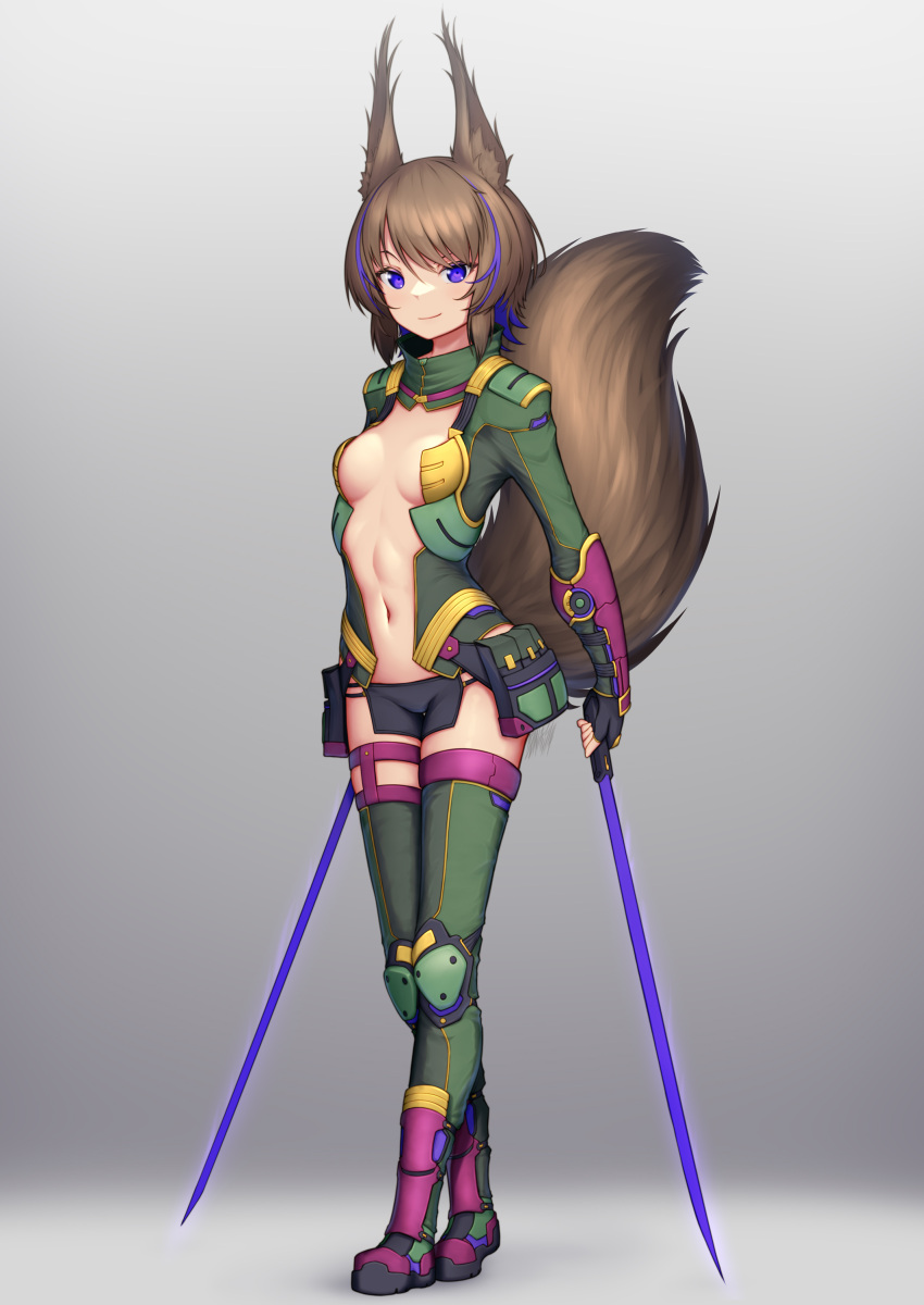 1girl absurdres animal_ears black_gloves blue_hair boots breasts brown_hair commentary_request dual_wielding fingerless_gloves full_body gloves gradient gradient_background grey_background highres holding knee_pads looking_at_viewer micro_shorts multicolored_hair navel nitrus original pouch purple_eyes short_hair shorts small_breasts smile solo squirrel_ears squirrel_girl squirrel_tail standing streaked_hair sword tail thigh_boots weapon