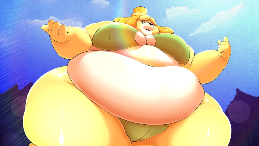 animal_crossing anthro belly big_belly big_breasts big_butt bikini blush breasts butt canid canine canis chubby_cheeks clothing domestic_dog female fennekoshee fur glistening hi_res huge_breasts huge_butt huge_thighs isabelle_(animal_crossing) lens_flare looking_at_viewer low-angle_view mammal nintendo obese overweight portrait shih_tzu solo swimwear thick_thighs three-quarter_portrait toy_dog video_games white_body white_fur wide_hips yellow_body yellow_fur