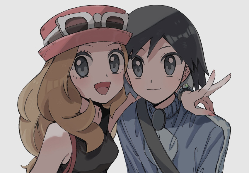 1boy 1girl :d arm_around_shoulder black_hair blue_jacket brown_hair calem_(pokemon) closed_mouth commentary_request eyewear_on_headwear grey_eyes hat highres jacket long_hair looking_at_viewer mega_ring open_mouth pink_headwear pokemon pokemon_(game) pokemon_xy serena_(pokemon) shirt short_hair sleeveless sleeveless_shirt smile sunglasses sweatdrop tongue tyou08665851 upper_body v white-framed_eyewear