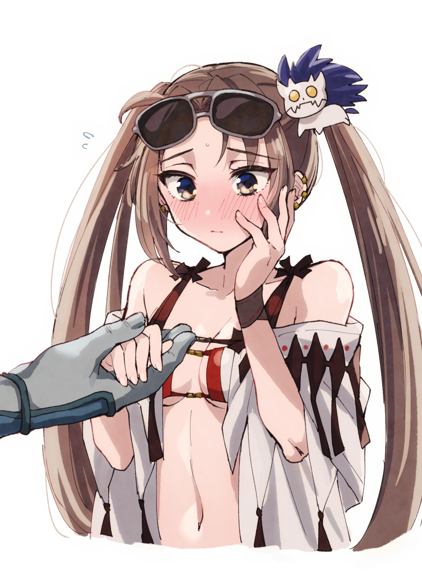 1boy 1girl bikini blush breasts brown_eyes brown_hair collarbone commentary_request couple eyewear_on_head fate/grand_order fate_(series) full-face_blush hetero highres holding_hands long_hair navel red_bikini seeds328 small_breasts sunglasses swimsuit very_long_hair xiang_yu_(fate) yu_mei-ren_(fate) yu_mei-ren_(swimsuit_lancer)_(fate)
