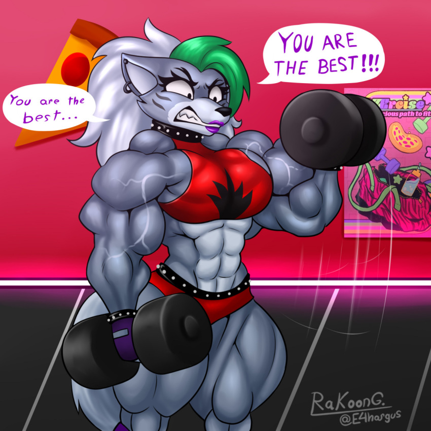 abs anthro bicep_curl biceps big_muscles bottomwear breasts canid canine canis choker clenched_teeth clothing crop_top dialogue dumbbell e4hargus ear_piercing exercise eyelashes facial_markings female fingerless_gloves five_nights_at_freddy's five_nights_at_freddy's:_security_breach food fur gloves green_hair grey_body grey_fur hair handwear head_markings hi_res hotpants huge_muscles hyper hyper_muscles jewelry lipstick makeup mammal markings muscular muscular_anthro muscular_female necklace piercing pizza poster roxanne_wolf_(fnaf) scottgames shirt shorts solo speech_bubble talking_to_self teeth thick_thighs topwear veiny_muscles video_games weights wolf workout