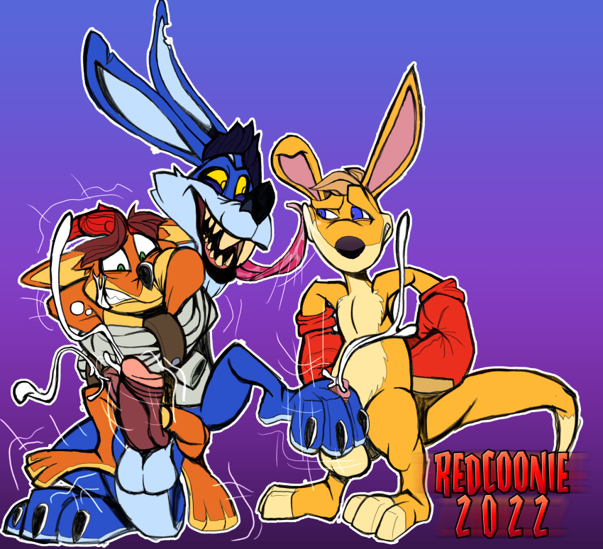 activision anthro big_penis bodily_fluids crash_bandicoot crash_bandicoot_(series) crossover cum ejaculation feet foot_fetish foot_play footjob genital_fluids genitals group hi_res kao_(kao_the_kangaroo) kao_the_kangaroo licking male male/male nude paws penis redcoonie restrained restraints ripper_roo sex sharp_teeth teeth tongue tongue_out trio video_games