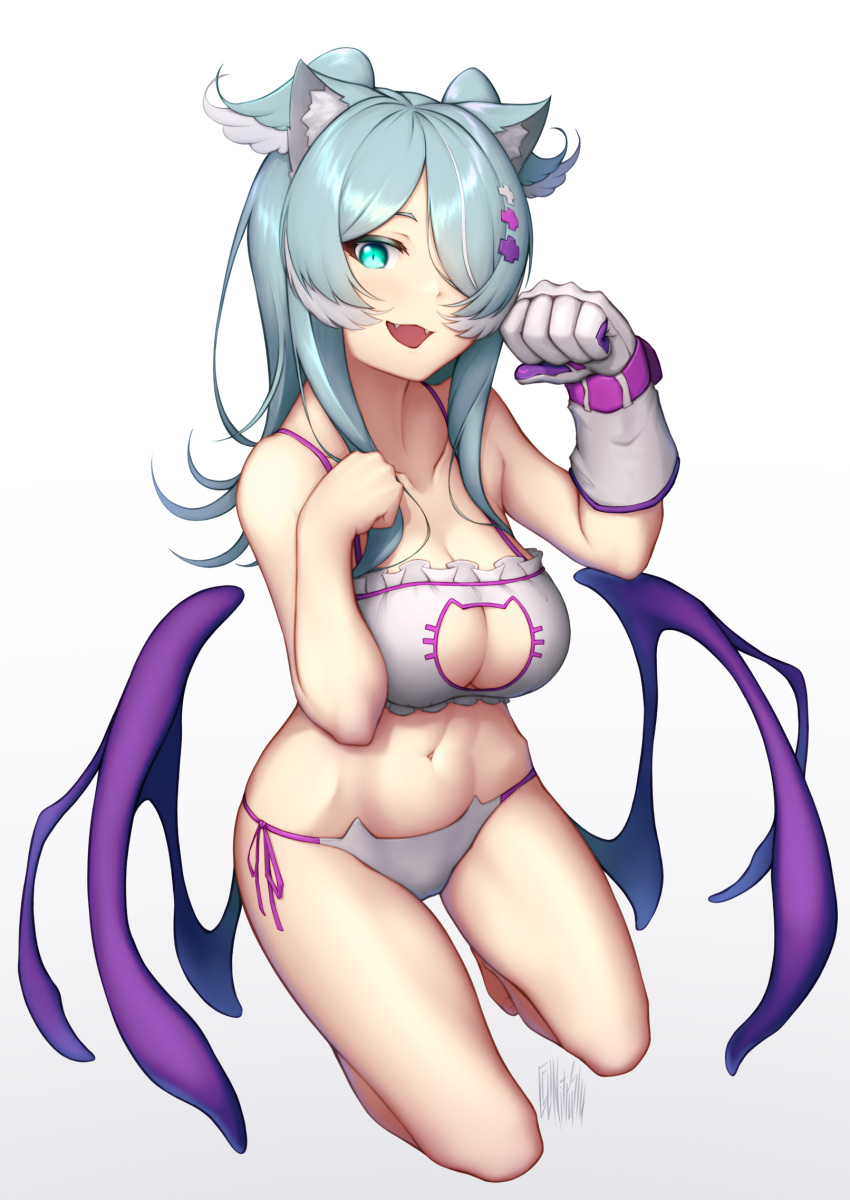 1girl :d animal_ears aqua_hair breasts cat_cutout cat_ears cat_lingerie clothing_cutout commentary_request elira_pendora fangs gloves green_eyes hair_ornament hair_over_one_eye head_wings highres kneeling large_breasts long_hair looking_at_viewer meme_attire multiple_tails navel nijisanji nijisanji_en nitrus panties paw_pose side-tie_panties single_glove smile solo tail underwear virtual_youtuber white_gloves