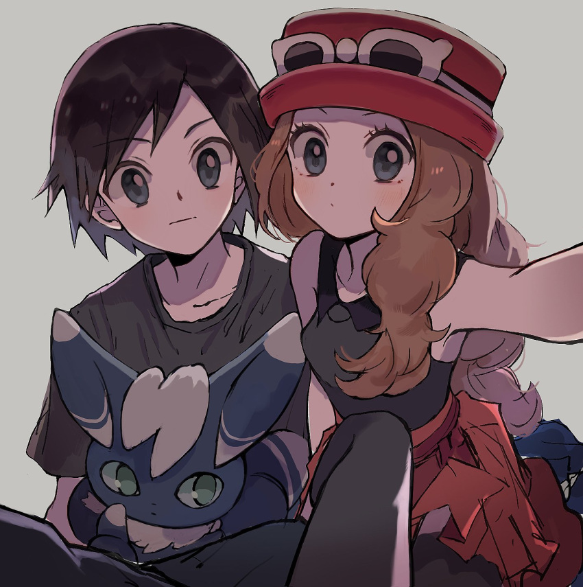 1boy 1girl bangs brown_hair calem_(pokemon) closed_mouth collared_shirt commentary_request eyelashes eyewear_on_headwear grey_eyes hat highres long_hair looking_at_viewer meowstic meowstic_(male) on_lap pants pokemon pokemon_(creature) pokemon_(game) pokemon_on_lap pokemon_xy red_skirt selfie serena_(pokemon) shirt short_sleeves skirt sleeveless sleeveless_shirt sunglasses t-shirt thighhighs tyou08665851 white-framed_eyewear