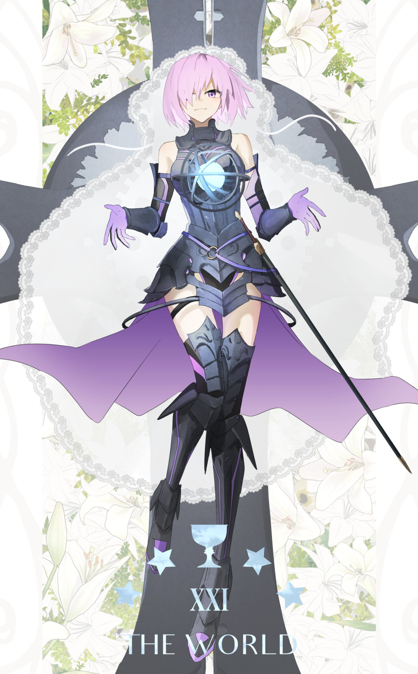 1girl absurdres armor armored_boots armored_dress boots cosplay fate/grand_order fate_(series) gloves hair_over_one_eye highres light_purple_hair looking_at_viewer mash_kyrielight ne_f_g_o purple_eyes purple_gloves short_hair smile solo tarot the_world_(tarot) thigh_boots