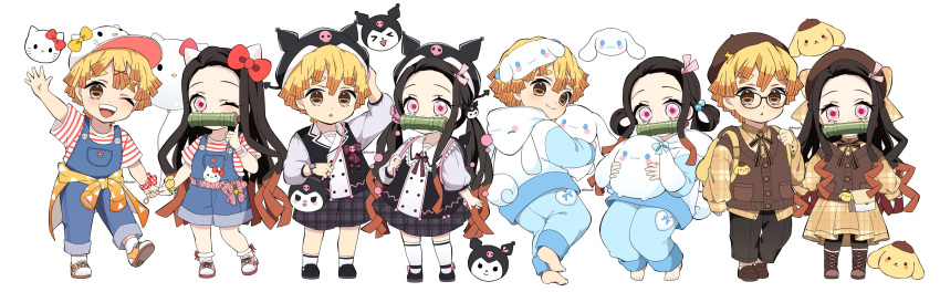 1boy 1girl :o absurdres agatsuma_zenitsu balloon bamboo beads black_hair black_headwear black_pants black_thighhighs blonde_hair blue_bow bow bowtie brown_eyes brown_hair brown_vest cat cinnamoroll closed_eyes clothes_around_waist doll dress forehead forest glass hair_ornament hair_ribbon hairband hand_up haori hat hello_kitty highres hood hoodie hug japanese_clothes kamado_nezuko kimetsu_no_yaiba kimono kuromi long_hair long_sleeves looking_at_viewer multicolored_hair my_melody nature one_eye_closed open_mouth overalls pants pantyhose pink_background pink_eyes pink_kimono pink_ribbon pointing pointing_up pompompurin pori_(kmt_pori) ribbon sanrio shirt shoes short_hair shorts skirt smile socks star_(symbol) striped striped_shirt stuffed_toy t-shirt thighhighs thunder transparent_background twintails twitter_username two-tone_hair very_long_hair vest white_hoodie wristband yellow_dress yellow_eyes yellow_shirt