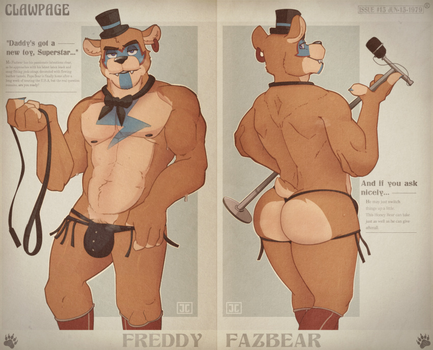 anthro athletic athletic_anthro athletic_male bedroom_eyes big_butt black_nose blue_eyes bodily_fluids bodypaint bow_tie butt clothed clothing countershade_butt countershade_face countershade_torso countershading ear_piercing ear_ring fangs five_nights_at_freddy's five_nights_at_freddy's:_security_breach front_view glamrock_freddy_(fnaf) hat headgear headwear hi_res holding_object jockstrap jumpy_jackal leash legwear looking_at_viewer looking_back magazine male mammal markings microphone mostly_nude muscular muscular_male musk narrowed_eyes navel nipples partially_clothed pecs piercing pinup pose rear_view ring_piercing scottgames scut_tail seductive short_tail smile smiling_at_viewer solo sweat tassles text thumb_in_waistband top_hat topwear underwear undressing ursid video_games vintage vintage_pinup