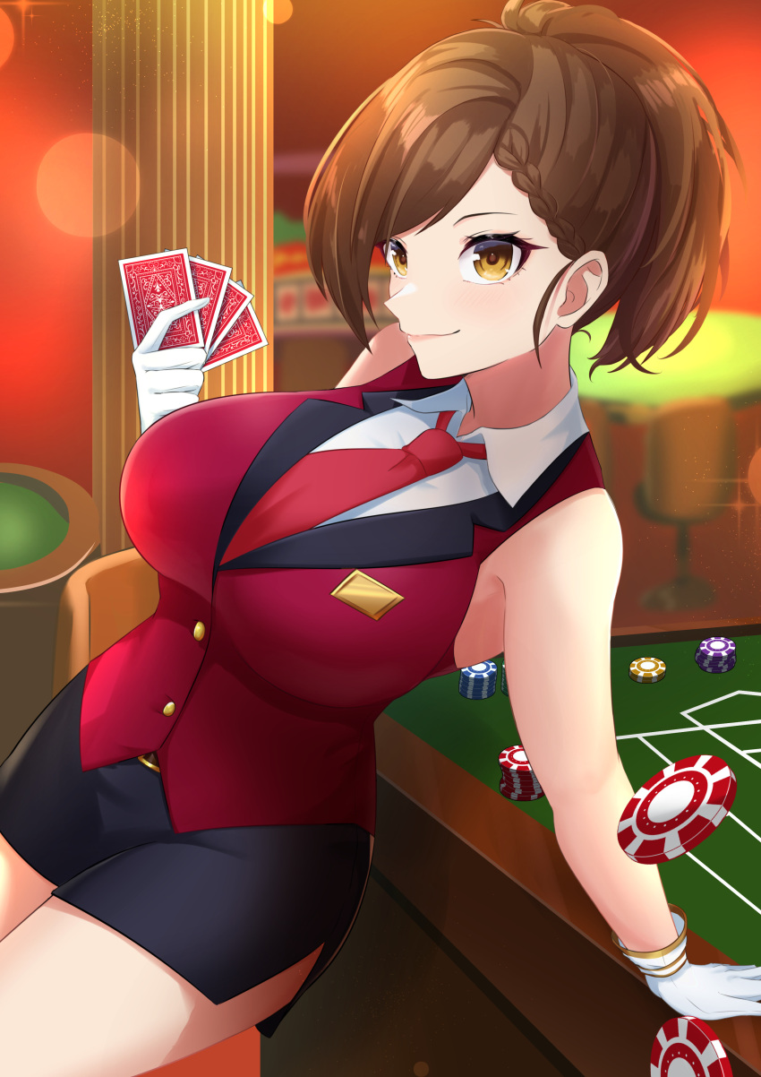 1girl absurdres arm_support asymmetrical_bangs bangs black_skirt blush braid braided_bangs breasts brown_hair card casino casino_card_table gloves highres hyodo_rena idolmaster idolmaster_cinderella_girls indoors lapels large_breasts lens_flare looking_at_viewer miniskirt necktie pencil_skirt playing_card poker_chip red_necktie red_vest shirt side_slit skirt sleeveless sleeveless_shirt smile solo uruma_gia vest white_gloves white_shirt yellow_eyes