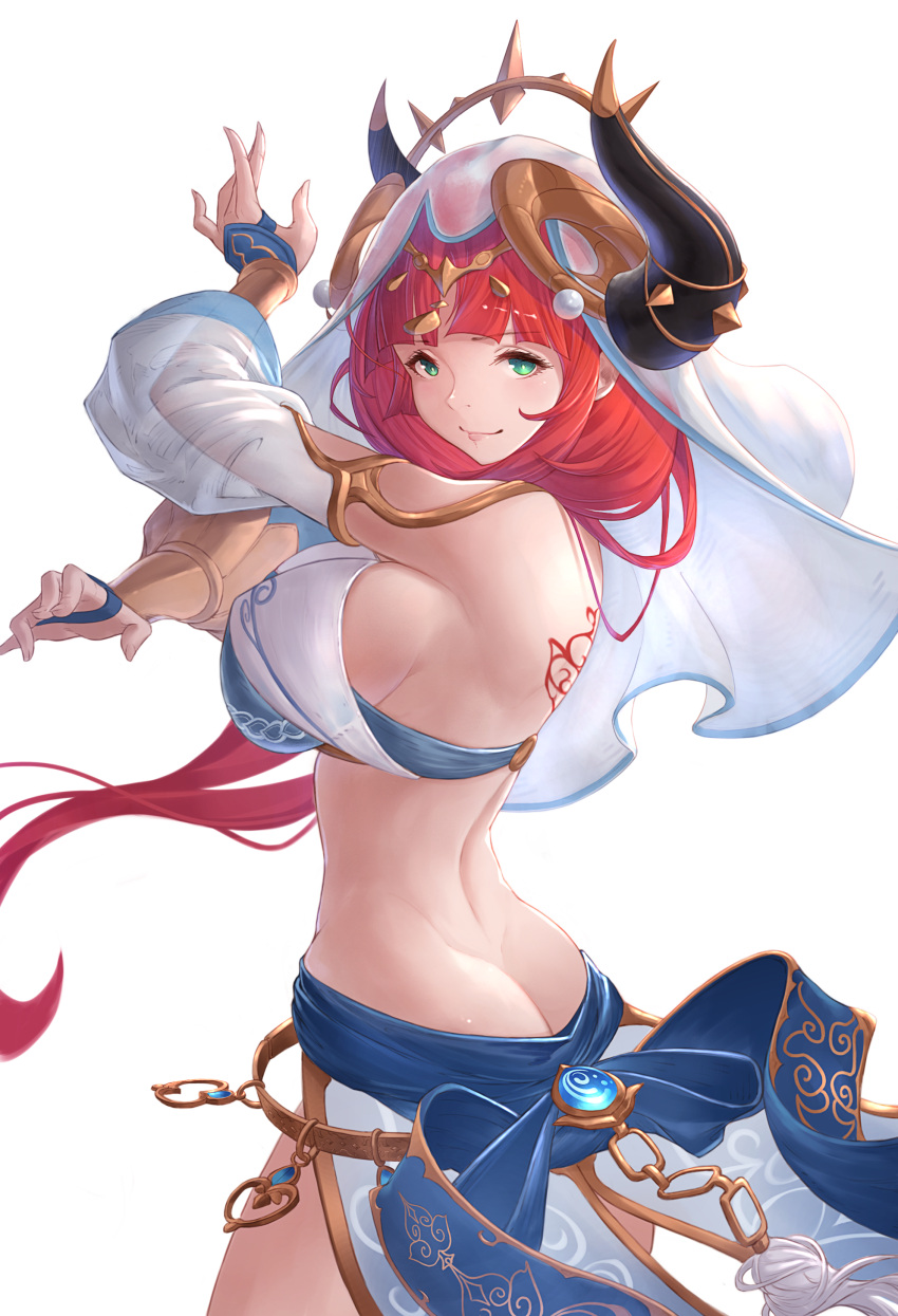 1girl absurdres ass back_tattoo bangs bare_back bare_shoulders blue_gemstone blunt_bangs breasts butt_crack chain closed_mouth crossed_arms dancer detached_sleeves forehead_jewel from_side gem genshin_impact green_eyes hand_up harem_outfit highres horns large_breasts nilou_(genshin_impact) red_hair see-through see-through_sleeves sideboob simple_background skirt smile solo tattoo vambraces veil white_background x_arms yu_pian