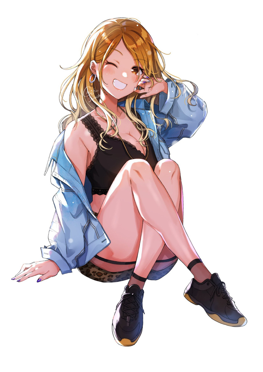 1girl ;) animal_print arm_support artist_name backlighting bangs black_camisole black_footwear blonde_hair blue_jacket blush breasts brown_eyes brown_hair brown_socks camisole cleavage collarbone commentary_request crop_top crossed_legs denim denim_jacket earrings fingernails full_body gradient_hair grin gyaru hand_on_own_cheek hand_on_own_face hand_up highres hoop_earrings idolmaster idolmaster_shiny_colors izumi_mei jacket jewelry knees_up large_breasts leopard_print light_particles long_hair long_sleeves looking_at_viewer miniskirt multicolored_hair nail_polish off_shoulder one_eye_closed open_clothes open_jacket piroshiki123 print_skirt purple_nails shiny shiny_hair shoes sidelocks simple_background single_bare_shoulder sitting skirt smile sneakers socks solo swept_bangs tan two-tone_hair white_background wide_sleeves