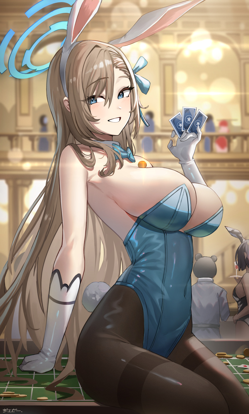 1girl absurdres animal_ears aqua_bow aqua_bowtie aqua_ribbon arm_support asuna_(blue_archive) asuna_(bunny)_(blue_archive) bare_shoulders blue_archive blue_eyes blue_leotard blurry blurry_background blush bow bowtie breasts brown_pantyhose card casino cleavage cowboy_shot detached_collar elbow_gloves fake_animal_ears fake_tail gloves grin hair_ribbon halo hand_up highleg highleg_leotard highres holding holding_card indoors jeze large_breasts leotard light_brown_hair long_hair looking_at_viewer pantyhose playboy_bunny playing_card poker_chip rabbit_ears rabbit_tail revision ribbon smile solo_focus strapless strapless_leotard tail thighband_pantyhose white_gloves