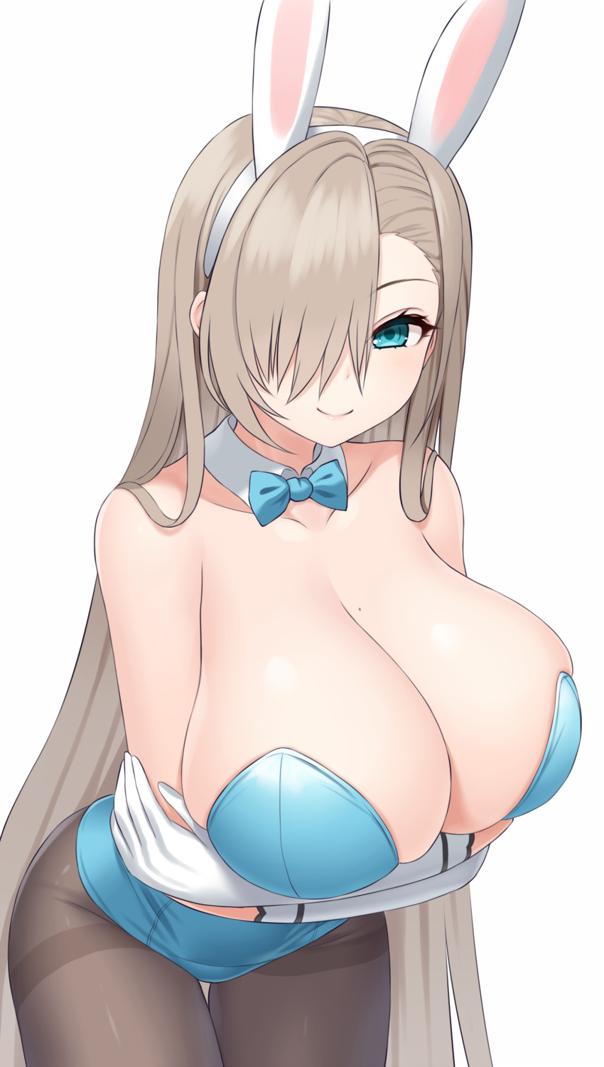 1girl absurdres animal_ears aqua_bow aqua_bowtie aqua_leotard arms_under_breasts asamura_hiori asuna_(blue_archive) asuna_(bunny)_(blue_archive) bare_arms bare_shoulders blue_archive blue_bow blue_bowtie blue_eyes blue_leotard bow bowtie breasts brown_pantyhose cleavage commentary_request cowboy_shot crossed_arms detached_collar elbow_gloves fake_animal_ears gloves hair_over_one_eye highres huge_breasts leaning_forward leotard light_brown_hair long_hair looking_at_viewer mole mole_on_breast one_eye_covered pantyhose playboy_bunny rabbit_ears simple_background smile solo strapless strapless_leotard thigh_gap thighband_pantyhose very_long_hair white_background white_gloves