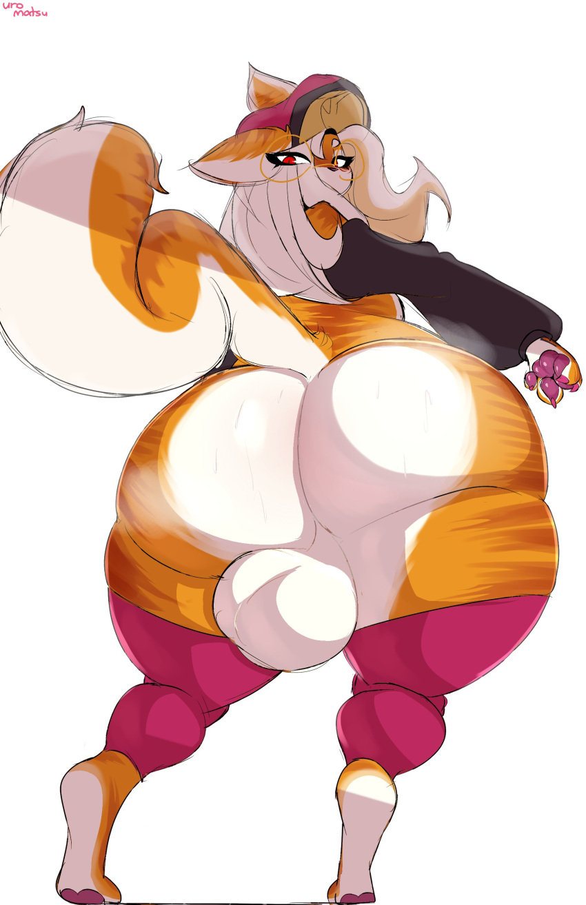 absurd_res anthro backsack balls big_butt bodily_fluids butt clothing domestic_cat felid feline felis genitals girly hi_res huge_butt legwear looking_at_viewer looking_back looking_back_at_viewer male mammal sweat sweaty_butt thick_thighs thigh_highs uromatsu