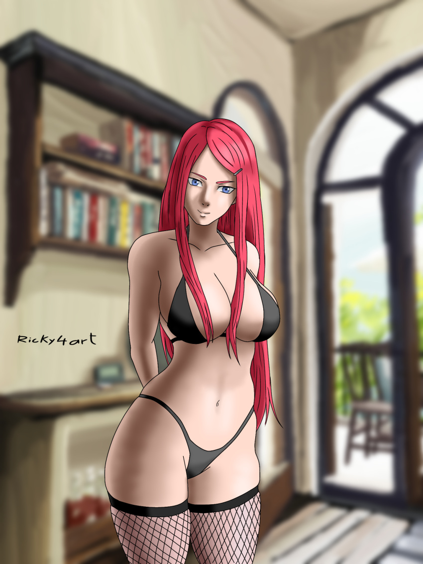 1girl ass bikini blue_eyes blurry blurry_background breasts highres long_hair naruto_(series) non-web_source red_hair ricky4art smile solo standing stomach summer swimsuit thighs thong underwear uzumaki_kushina