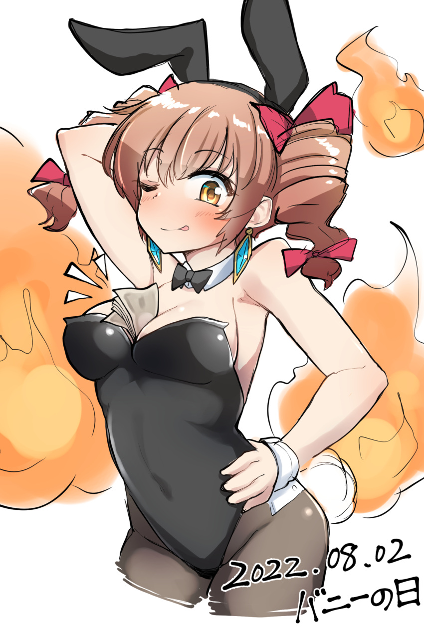 1girl ;p animal_ears bare_shoulders bow breasts cleavage drill_hair earrings fake_animal_ears fire flame hand_on_hip highres jewelry large_breasts leotard one_eye_closed pantyhose playboy_bunny rabbit_ears solo strapless tail tongue tongue_out touhou twin_drills yorigami_jo'on yossy_(yossy1130)