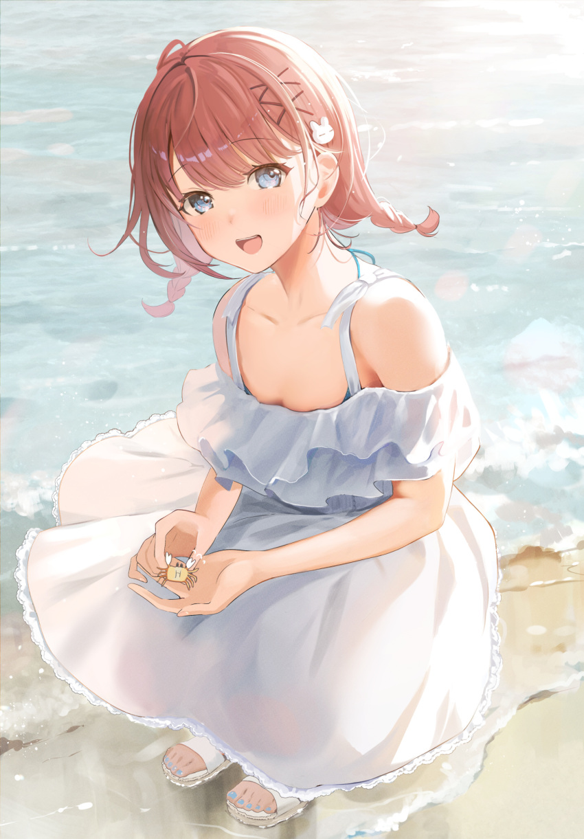 1girl :d bare_shoulders beach blue_nails blush breasts brown_hair bunny_hair_ornament cleavage collarbone commentary_request crab day dress frilled_dress frills full_body hair_ornament hairclip happy highres holding long_dress looking_at_viewer medium_hair nail_polish ocean open_mouth original outdoors sand sandals short_twintails sidelocks smile solo squatting tasuku_(otomebotan) teeth toenail_polish toenails twintails upper_teeth white_dress white_footwear x_hair_ornament