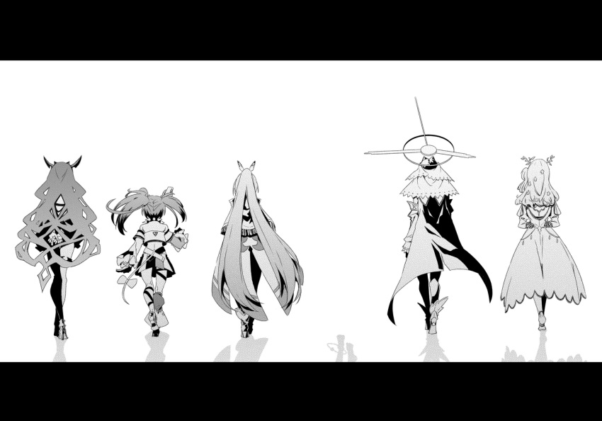 6+girls animal_ears cape ceres_fauna different_reflection flower from_behind greyscale hair_flower hair_ornament hakos_baelz hololive hololive_english horns irys_(hololive) letterboxed long_hair mechanical_halo monochrome mouse_ears mouse_tail multiple_girls nanashi_mumei ouro_kronii ponytail reflection reflective_floor tail taka_t tsukumo_sana twintails veil virtual_youtuber walking_away