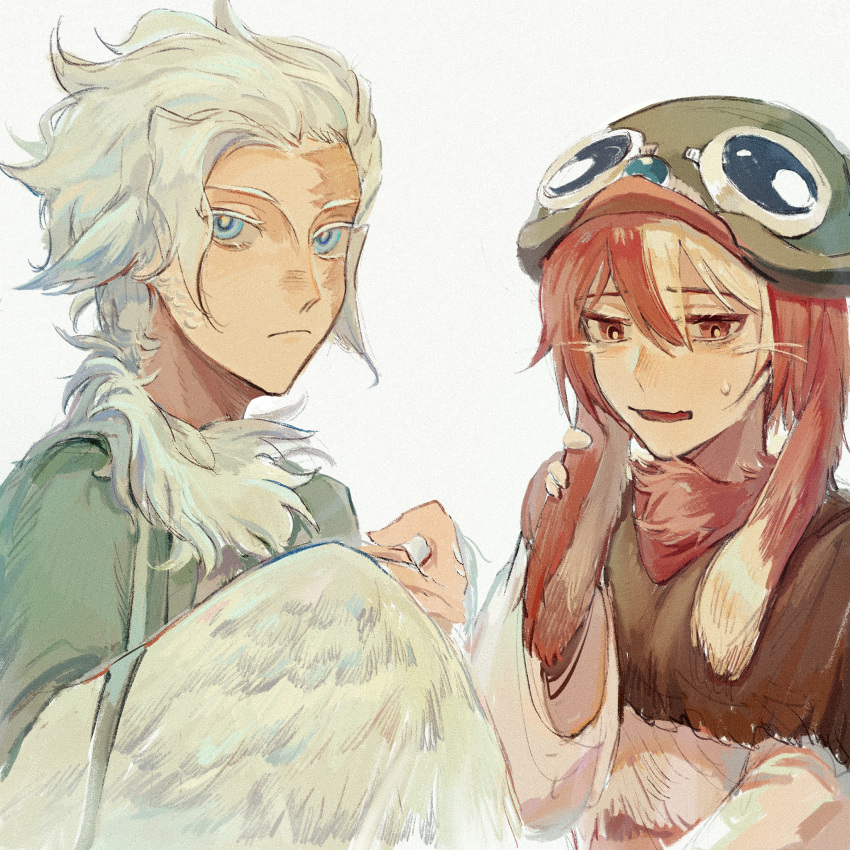 1boy 1girl animal_ears bangs belafu_(human) bird_boy bird_ears bird_wings blonde_hair blue_eyes body_fur burn_scar chinese_commentary colored_eyelashes commentary_request feathered_wings feathers floppy_ears from_side green_headwear hair_between_eyes hand_on_ear hand_up helmet highres lese_fanyingdui looking_down looking_up made_in_abyss multicolored_hair open_mouth rabbit_ears red_eyes red_hair scar scar_on_face short_hair simple_background sweatdrop two-tone_hair upper_body veko whiskers white_background white_hair white_wings winged_arms wings