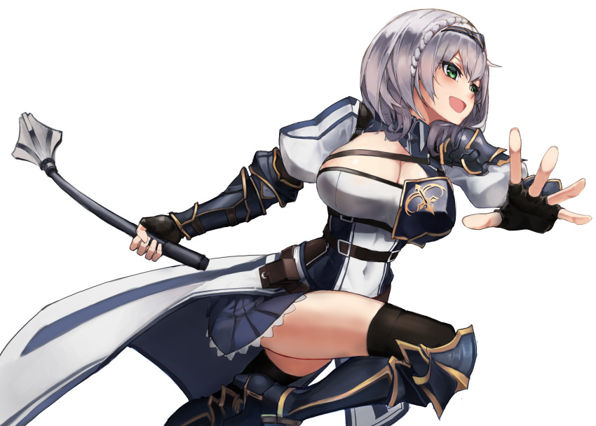 1girl :d armor armored_boots armored_dress bangs black_gloves bob_cut boots breasts cleavage fingerless_gloves gauntlets gloves green_eyes grey_hair headband highres holding holding_club holding_weapon hololive large_breasts mace mebius13438970583_(kuroyuki) open_mouth shirogane_noel simple_background smile virtual_youtuber weapon white_background
