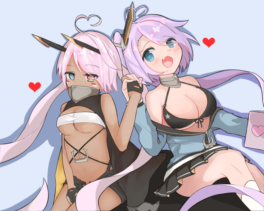 2girls ahoge azur_lane bandeau bangs bikini bikini_top_only black_bikini black_gloves black_skirt blue_eyes blue_jacket blush breasts commentary_request covered_mouth dark_skin facepaint fang feet_out_of_frame gloves heart heart_ahoge heterochromia indianapolis_(azur_lane) jacket kanikawa large_breasts long_hair looking_at_viewer multiple_girls off-shoulder_jacket off_shoulder open_mouth partially_fingerless_gloves pink_hair portland_(azur_lane) purple_hair siblings side_ponytail sisters skin_fang skirt smile swimsuit turtleneck underboob very_long_hair yellow_eyes