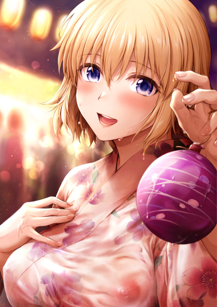 1girl blonde_hair blue_eyes blurry blurry_background blush breasts chacharan fate/grand_order fate_(series) festival fingernails hand_on_own_chest highres japanese_clothes jeanne_d'arc_(fate) kimono lantern large_breasts looking_at_viewer night nipples open_mouth outdoors paper_lantern see-through smile summer_festival sweat water_yoyo wet wet_clothes yukata