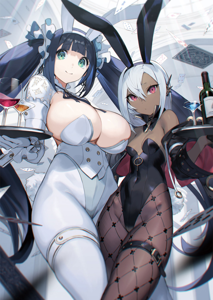 2girls ainezu animal_ears bangs black_hair black_jacket black_leotard black_pantyhose blunt_bangs bottle breasts cleavage cocktail_glass covered_nipples cup detached_collar drinking_glass ear_piercing earrings fake_animal_ears gloves green_eyes hair_between_eyes hair_ornament hair_scrunchie highres jacket jewelry large_breasts leotard long_hair looking_at_viewer medium_hair multiple_girls original pantyhose piercing playboy_bunny rabbit_ears red_eyes scarf scrunchie small_breasts thigh_strap tray twintails very_long_hair white_gloves white_hair white_leotard white_pantyhose white_scarf wrist_cuffs
