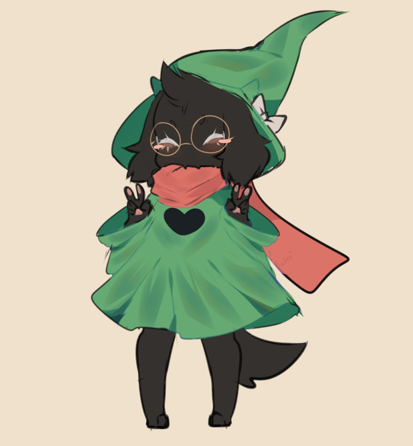 ambiguous_gender anthro barefoot biped blush clothing deltarune digital_media_(artwork) double_v_sign eyes_closed eyewear feet fredek666 full-length_portrait fur gesture glasses green_clothing green_hat green_headwear grey_body grey_fur hat headgear headwear hi_res portrait ralsei red_scarf round_glasses scarf shaded simple_background solo standing undertale_(series) v_sign video_games