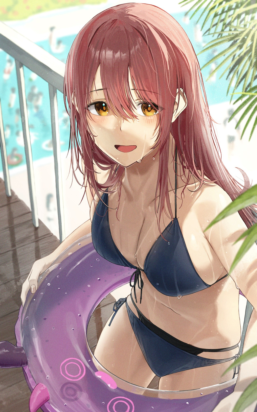 1girl :d bangs bikini blue_bikini blush breasts cleavage day front-tie_bikini front-tie_top hair_between_eyes halterneck highres holding holding_innertube idolmaster idolmaster_shiny_colors innertube large_breasts leaf long_hair looking_at_viewer noeru osaki_tenka pool red_hair side-tie_bikini smile solo_focus standing string_bikini swimsuit wet wet_clothes wet_swimsuit yellow_eyes