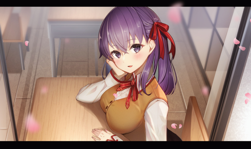 1girl arm_rest breasts brown_vest chair classroom collared_shirt cross_print desk fate/stay_night fate_(series) hair_ribbon hand_on_own_cheek hand_on_own_face highres homurahara_academy_school_uniform indoors large_breasts long_hair matou_sakura neck_ribbon onigirisss purple_eyes purple_hair red_ribbon ribbon school_chair school_desk school_uniform shirt solo vest white_shirt window