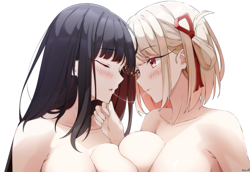 2girls bangs black_hair blonde_hair blush breasts cleavage closed_eyes collarbone docking hair_ornament highres inoue_takina keenh large_breasts long_hair looking_at_another lycoris_recoil multiple_girls nishikigi_chisato parted_lips red_eyes saliva saliva_trail simple_background upper_body white_background yuri