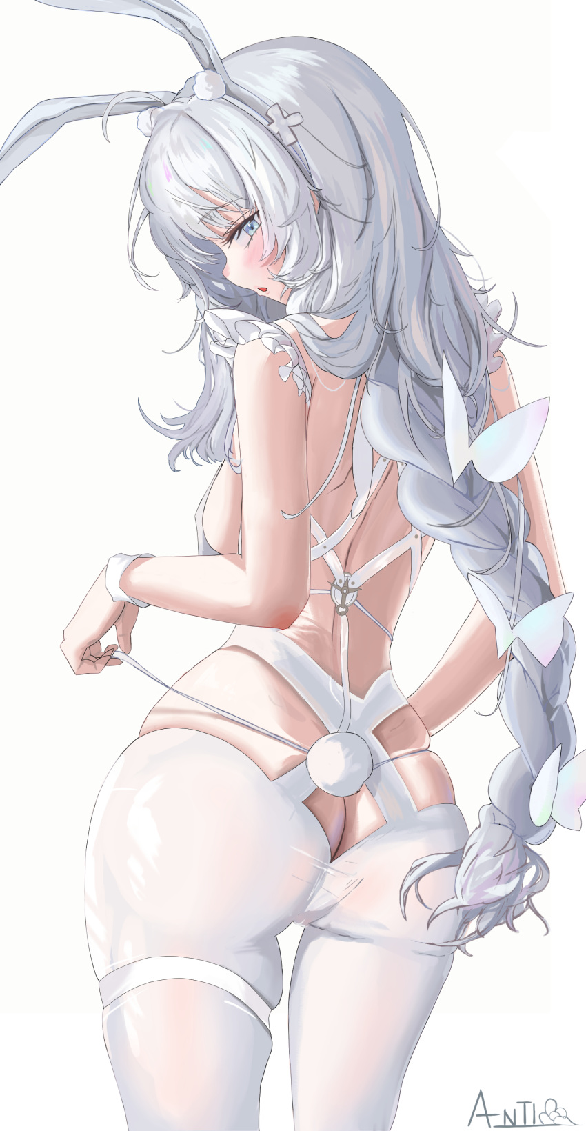 1girl absurdres ahoge animal_ear_fluff animal_ears artist_name ass azur_lane back bare_arms bare_back blush braid braided_ponytail breasts butt_crack clothing_cutout cowboy_shot departure18 fake_animal_ears fake_tail frills from_behind grey_eyes hair_ornament highres le_malin_(azur_lane) le_malin_(listless_lapin)_(azur_lane) leotard long_hair looking_at_viewer looking_back medium_breasts official_alternate_costume pantyhose parted_lips playboy_bunny rabbit_ears rabbit_tail sidelocks simple_background skindentation solo tail thigh_strap white_background white_hair white_leotard white_pantyhose wristband