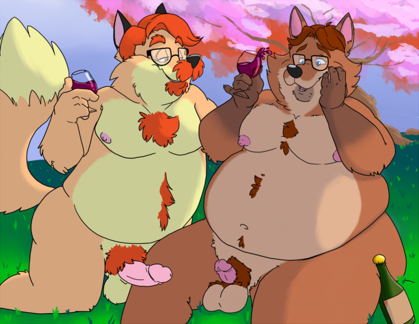 2022 anthro balls belly big_belly bravo brown_body canid canine disney duo erection eyewear fox genitals gideon_grey glasses male male/male mammal mature_male moobs nipples outside overweight overweight_male penis plant sitting tree zootopia